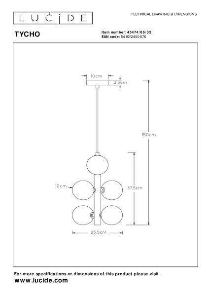 Lucide TYCHO - Suspension - Ø 25,5 cm - 6xG9 - Or Mat / Laiton - technique